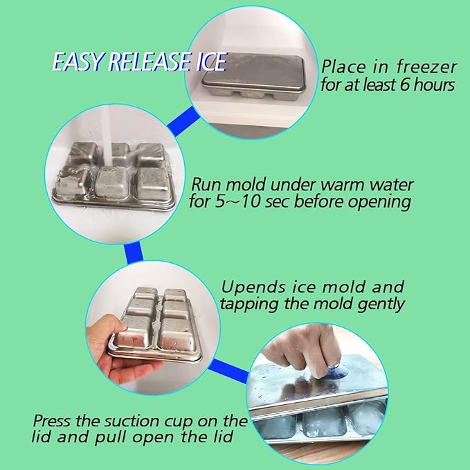 TEGOOL Ice Cube Trays, Stainless Steel Lid Ice Cube tray with Suction Cup Super Easy Release Molds,Durable and Dishwasher Safe for Cocktail,Freezer,Whiskey,Chocolate (Silver)