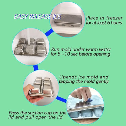 TEGOOL Ice Cube Trays, Stainless Steel Lid Ice Cube tray with Suction Cup Super Easy Release Molds,Durable and Dishwasher Safe for Cocktail,Freezer,Whiskey,Chocolate (Silver)