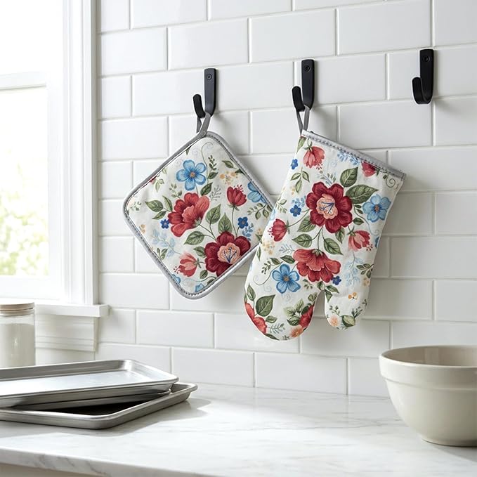 Floral Oven Mitts and Pot Holders Sets 2 Pcs, Canvas Heat Resistant Kitchen Mittens with Hot Pads, Vintage Farmhouse Country Decor, Non-Slip Cooking Baking Grilling Gifts for Women Mom (Flower3)