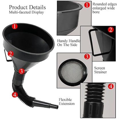 Flex Funnel - Wide Mouth Flexible Funnel with Handle, Automotive Funnels for Engine Oil, Liquid, Diesel, Kerosene,Gasoline (1PACK Black FUNNELS)