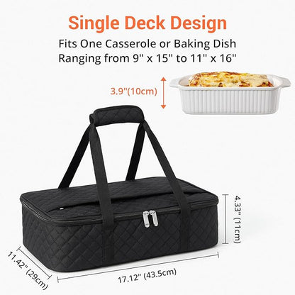 Insulated Casserole Carrier Portable Food Tote for Hot or Cold – Fits 9"x13" Baking Dish, Lasagna Holder for Parties, Picnic, Travel, Beach - Black