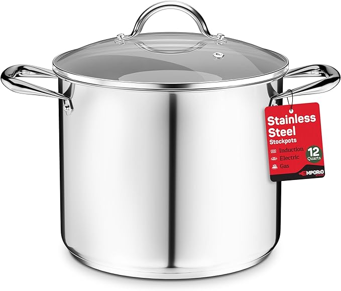 Stainless Steel Stockpot with Tempered Glass Lid 12 Quart, Durable 18/0 Stainless Steel, Impact-Bonded Base for Even Heating, Riveted Handles, Oven & All Stove Compatible, Safe Up To 500°F (260°C)