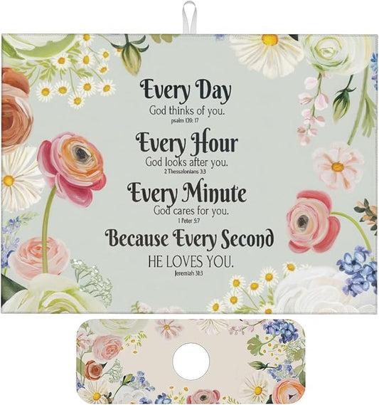 Vintage Country Watercolor Wildflowers Dish Drying Mat for Kitchen Counter, 18"x24" Microfiber Absorbent Fast Dry Mat, 2Pcs Dish Mat Faucet Mats Sets, Large Drying Kitchen Mat Kitchen Drying Pad
