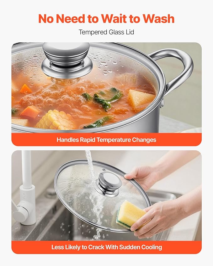 VEVOR Stainless Steel Stock Pot, 8QT Stainless Steel Stockpot with Glass Lid, PFOA-Free, PFAS-Free, Compatible with Gas Stoves, Induction Cooktops, Electric Stoves, for Soups, Stews, and Pasta - Image 6