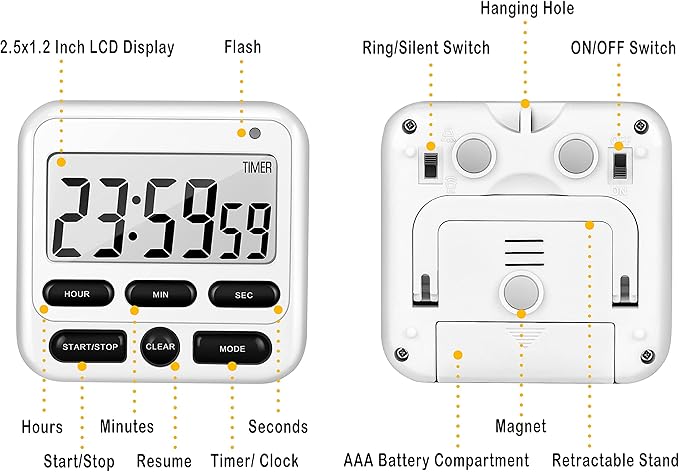 KTKUDY Digital Kitchen Timer with Mute/Loud Alarm Switch ON/Off Switch, 12-Hour Clock & Alarm, Memory Function Count Up & Count Down for Kids Teachers Cooking, Large LCD Display, Strong Magnet (White) - Image 7