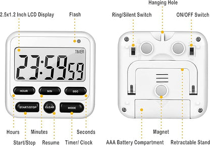KTKUDY Digital Kitchen Timer with Mute/Loud Alarm Switch ON/Off Switch, 12-Hour Clock & Alarm, Memory Function Count Up & Count Down for Kids Teachers Cooking, Large LCD Display, Strong Magnet (White) - Image 7
