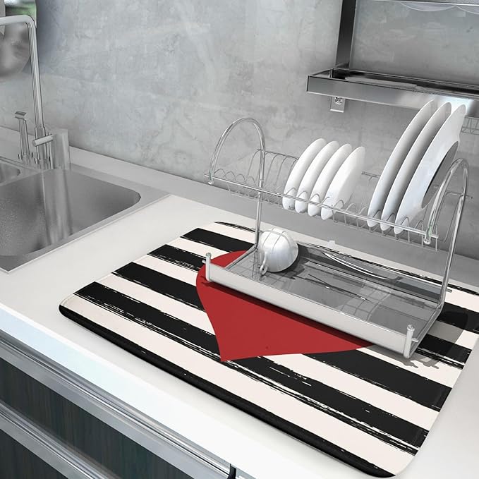 Valentine's Day Dish Drying Mat for Kitchen Counter Black Plaid Heart Microfiber Absorbent Dish Draining Reusable Washable Foldable Extra Large 18"x24" - Image 5