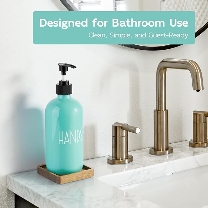 Turquoise Glass Hand Soap Dispenser with Acacia Wood Tray, 16 oz Refillable Hand Soap Pump Bottle, Decorative Teal Countertop Soap Dispenser Set for Kitchen, Bathroom, Restaurant - Image 2
