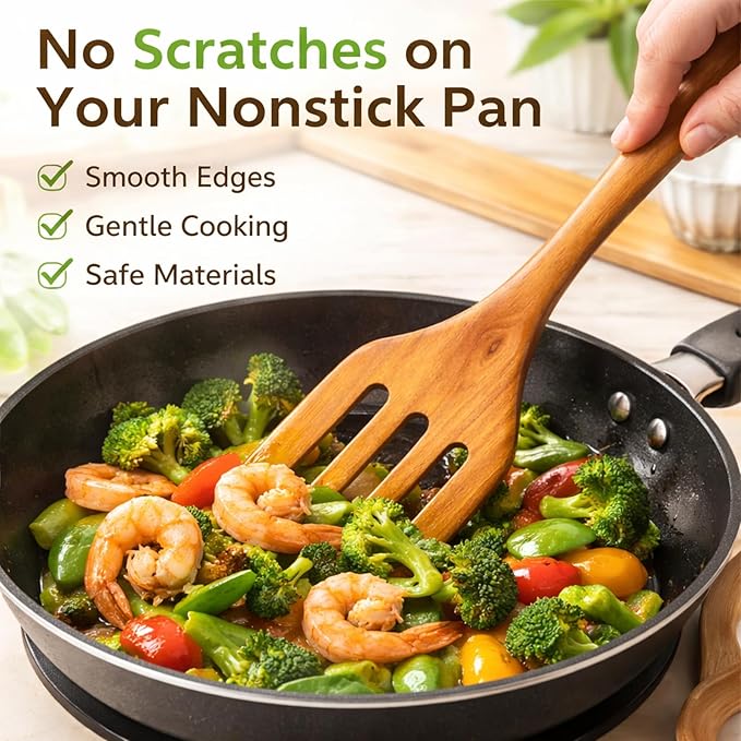 Wooden Kitchen Utensil Set, 4-Piece Teak Wood Cooking Utensils for Nonstick Cookware, Spatula, Slotted Turner and Scraper, Natural Wooden Tools for Everyday Cooking