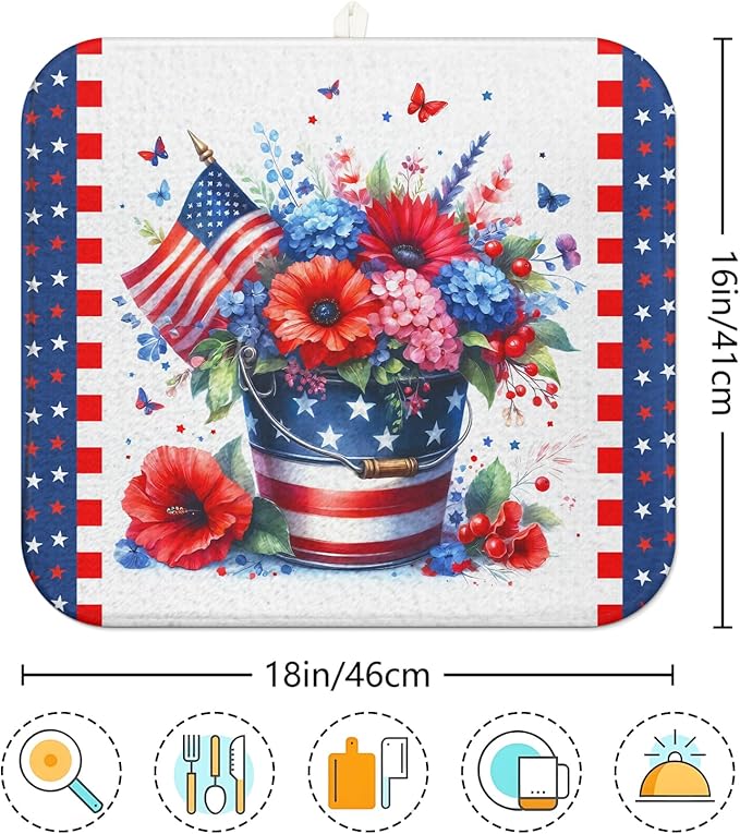 4th of July Dish Drying Mat for Kitchen Counter Independence Day 16''x18'' Microfiber Small Red Kitchen Draining Mat for Countertops Memorial Day Dish Drainer Drying Pad - Image 7