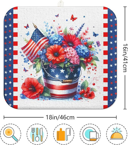 4th of July Dish Drying Mat for Kitchen Counter Independence Day 16''x18'' Microfiber Small Red Kitchen Draining Mat for Countertops Memorial Day Dish Drainer Drying Pad - Image 7