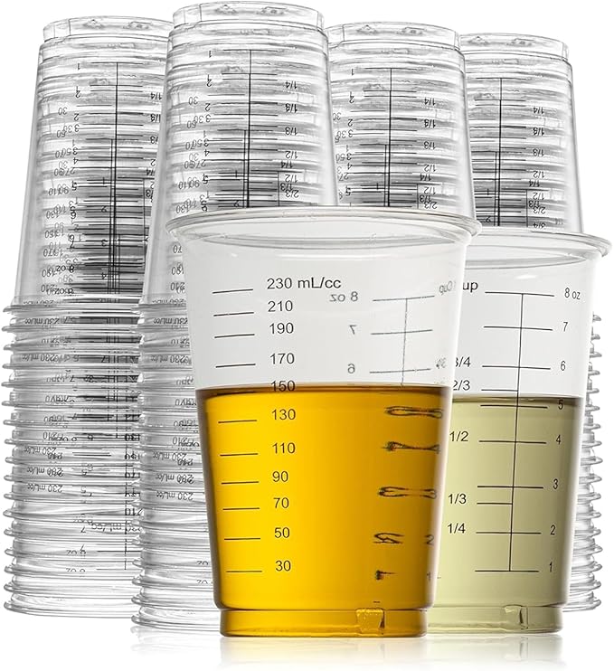 Prestee 50 Disposable Measuring Cups 8 oz - Plastic Paint Measuring Cups and Disposable Mixing Cups for Epoxy Resin - Versatile, Clear Measurement for Wet and Dry Ingredients for Baking and Crafting by Prestee