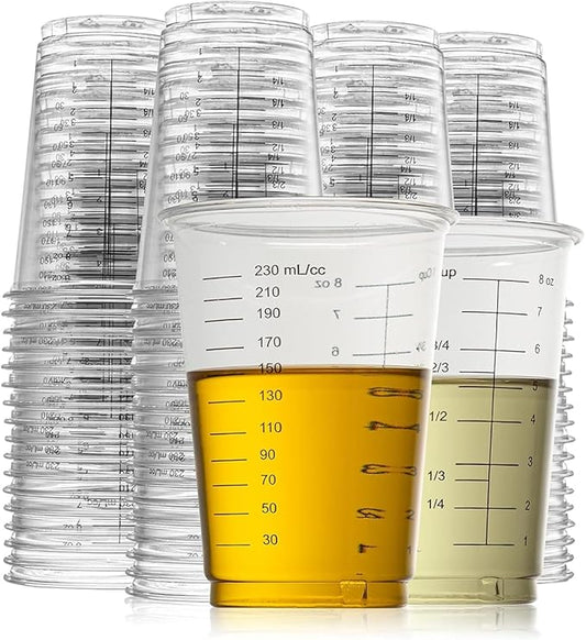Prestee 50 Disposable Measuring Cups 8 oz - Plastic Paint Measuring Cups and Disposable Mixing Cups for Epoxy Resin - Versatile, Clear Measurement for Wet and Dry Ingredients for Baking and Crafting by Prestee