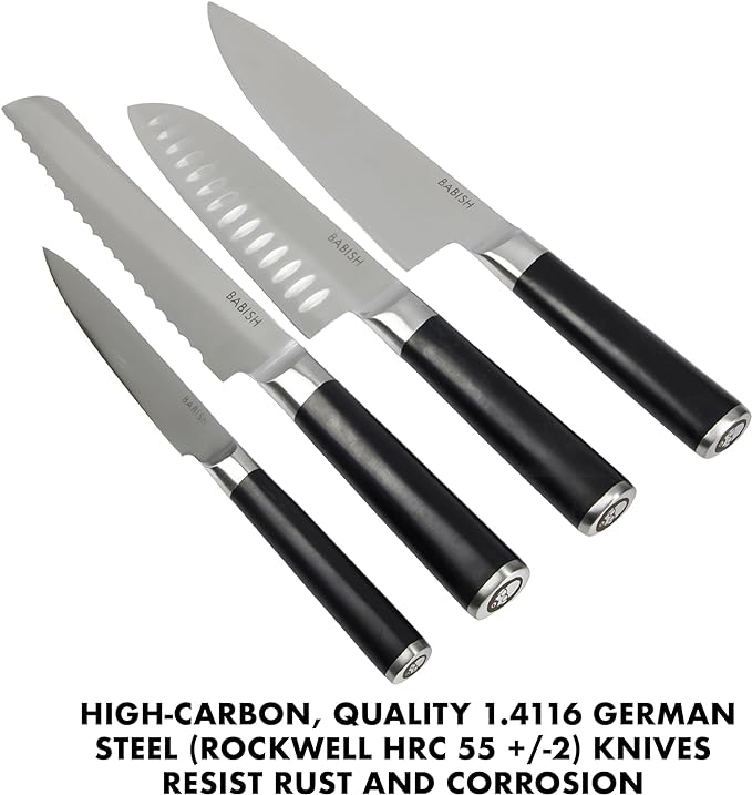 Babish 5-Piece Magnetic Forged Kitchen Knife Block Set – 1.4116 German Steel Cutlery with Magnetic Knife Holder – Professional Chef Knife Set