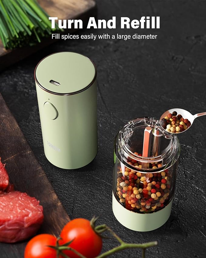 TOMEEM Upgraded Larger Capacity Electric Salt and Pepper Grinder Set Rechargeable with LED lights, Stainless Steel Automatic Pepper and Salt Grinder Refillable with 5 Adjustable Coarseness Green - Image 5