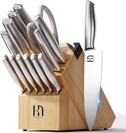 KnifeSaga Knife Set, Premium Knife Block Set for Kitchen 14 Pcs UltraSharp Japanese High Carbon Stainless Steel with Block and Built-in Sharpener, Kitchen Knives Set with Non-serrated Steak Knives by PushBoundariesforSharpness