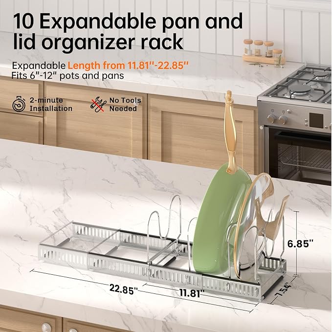 MUDEELA Pots and Pans Organizer Rack for under Cabinet, Expandable Pot Lid Kitchen Cabinet Organizer Holder with 10 Adjustable Compartment Cutting Board Organizer for Pan Lid Cookie Sheet Rack, Silver - Image 2