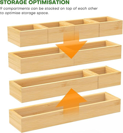 Bamboo Drawer Organizer Set, 9 PCS Multi-Use Individual Wood Storage Organizers, Junk Drawer Divider and Storage Trays Containers for Kitchen, Bathroom, Office Desk, Makeup, Jewelry, Utensils - Image 2
