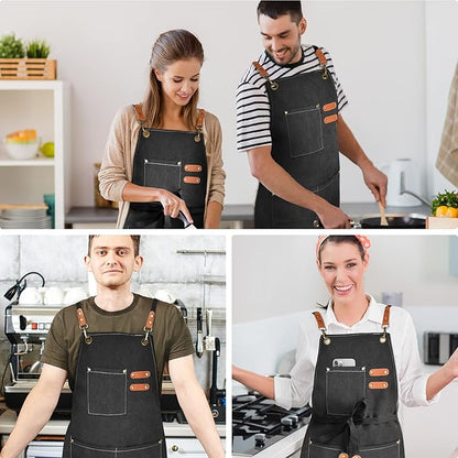 OUNLEN Chef Apron for Men Women Canvas Aprons with 3 Pockets Cross Back Resistant Work Apron for Cooking - Image 6
