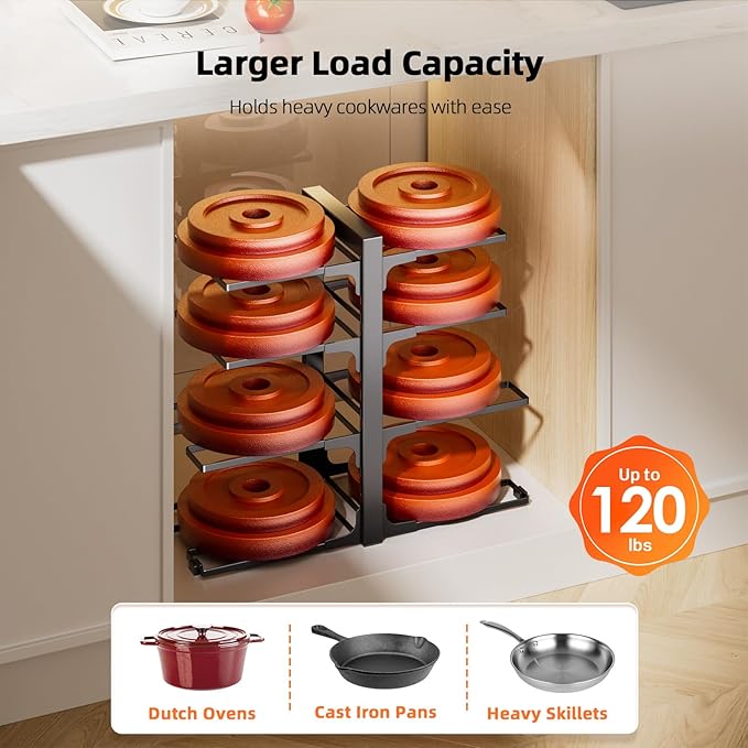MUDEELA Pots and Pans Organizer Rack under Cabinet 8-Tiers Adjustable Heavy Duty 120LBS Pot and Pan Organizer inside Cabinet for Kitchen Organizer Cast-iron Pans, Heavy Skillets Griddles, Shallow Pots - Image 5