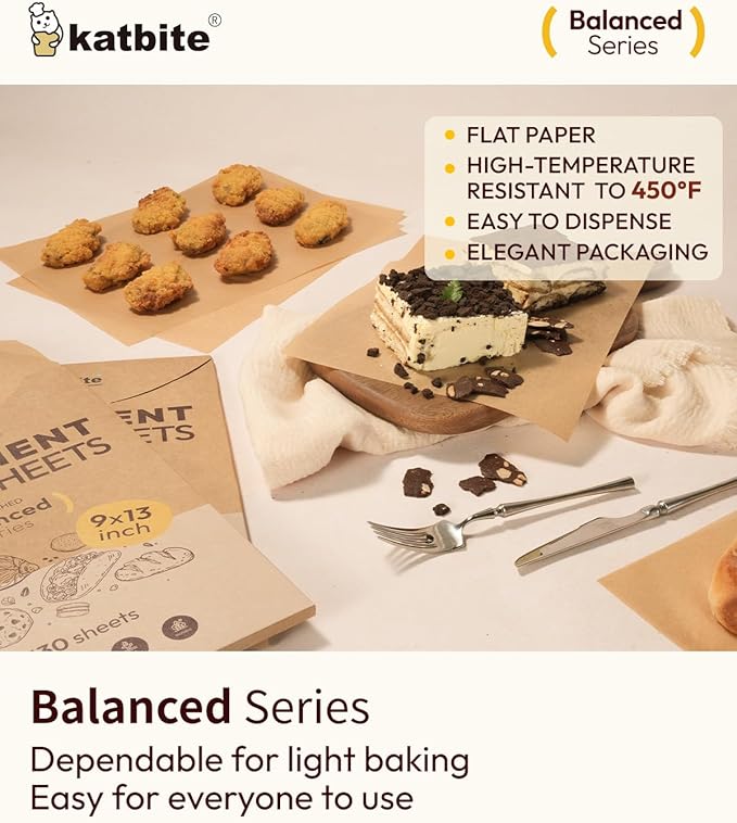 Katbite 130 Pcs Parchment Paper Sheets, 9x13 Inches Unbleached Baking Paper Non-Stick for Gently Baking, Pre-cut Parchment Paper Suitable for Baking, Cooking,Air Fryer [Balanced Series] - Image 5