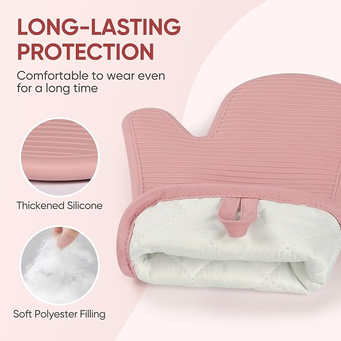 YUTAT Silicone Oven Mitts,High Heat Resistant Up to 500 Degrees,Waterproof Cooking Gloves with Soft Polyester Filling,Kitchen Potholder Set - Perfect for BBQ,Baking and Cooking,Pink,2 Pcs Set - Image 2