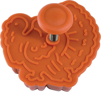 R&M Autumn Theme Pastry & Cookie Stamper set of 4. Assorted Designs & Colors, Turkey, Acorn, Pumpkin, Oak leaf. 2 Inch Assorted Color Cookie Cutters