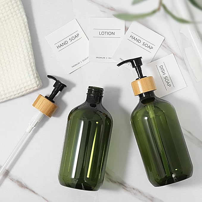 KASUNTING Green Soap Dispenser, Plastic Bathroom Soap and Lotion Dispenser Set with Bamboo Pump, 2 Pack 17 Fl Oz Hand and Dish Soap Dispensers Set for Bathroom, Refillable Liquid Soap Bottles - Image 5