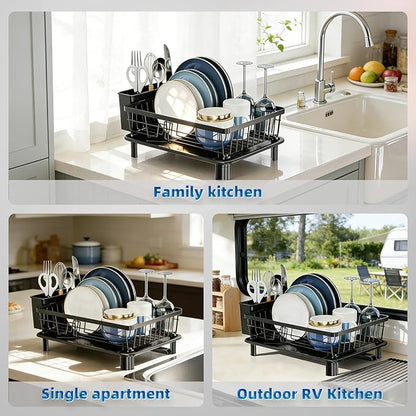 GAOKASE Dish Drying Rack, Stainless Steel-Dish Rack, Dish Racks for Kitchen Counter, Kitchen Dish Drainers with Removable Utensil Holder,New Drain Outlet,Plate Rack and Drainboard,Black - Image 4