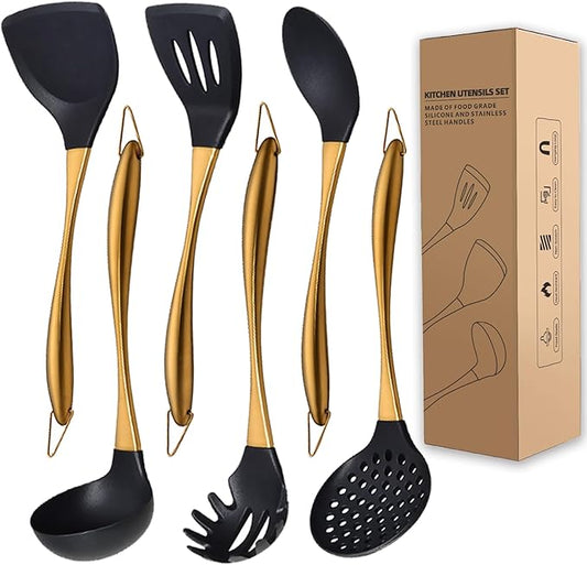 Kitchen Utensils Set, Large Non-stick Silicone Cooking Utensils Set 6 Pcs,Made of 446°F Heat Resistant Food Grade Silicone and Stainless Steel Handles,Easy to Clean Kitchen Gadgets Set (Gold)