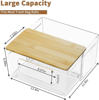Trash Bag Holder 2-in-1 Under Sink Organizer, Acrylic Trash Bag Dispenser with Bamboo Lid and Pull-Out Basket for Cleaning Supplies, Space Saving Garbage Bag Holder for Kitchen Laundry Room Storage