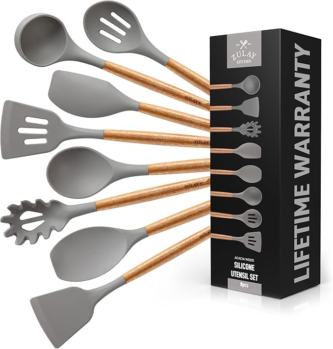 Zulay Kitchen Utensils Set Non-Stick Silicone Cooking Utensils Set with Authentic Acacia Wood Handles - 8 Piece Set - Silicone Kitchen Utensils Set with 464°F Heat Resistance - Gray by ZulayKitchen