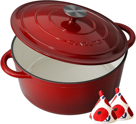 Enameled Cast Iron Dutch Oven - 4.5QT Pot with Lid & Cotton Potholders - Heavy-Duty Cookware for Braising, Stews, Roasting, Bread Baking, Oven Safe up to 500°F & Suitable for All Cooktops, Cherry Red by SUNOUTLY