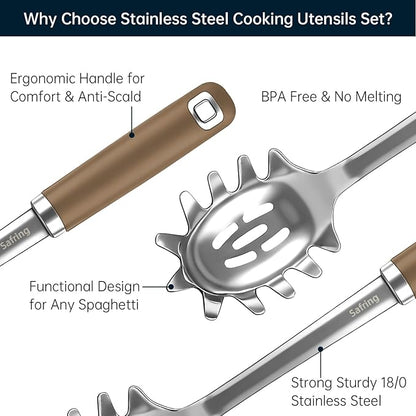 Safring Stainless Steel Soup Ladle and Spaghetti Spoon Set, Heat Resistant Rubber Handle, Dishwasher Safe, Kitchen Utensils for Cooking, Stirring, Serving Pasta, Soup & Sauce (Coffee) - Image 3