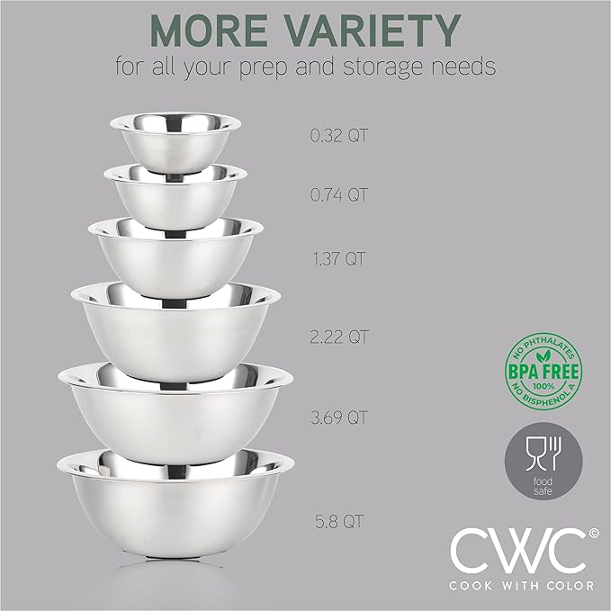 COOK WITH COLOR Stainless Steel Mixing Bowls Set - Nesting Bowls, 6 Pieces, Silver with Non Slip Bottom - Image 3