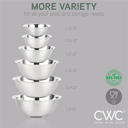 COOK WITH COLOR Stainless Steel Mixing Bowls Set - Nesting Bowls, 6 Pieces, Silver with Non Slip Bottom - Image 3