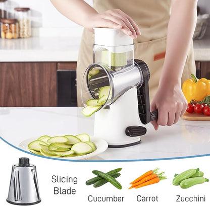 VEKAYA Rotary Cheese Grater Hand Crank with 4 Interchangeable Stainless Steel Blades, Large Manual Handle Shredder and Waffle Slicer for Vegetables, Cheese and Nuts with Table Suction Base(White)