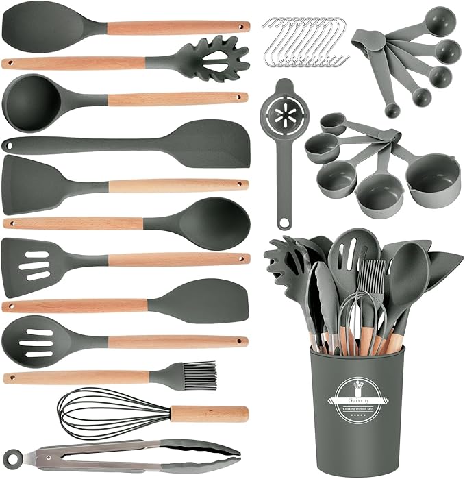 Kitchen Utensils Set - 34 PCS Non-Stick Silicone Cooking Utensils Set Spatula Set with Holder, Wooden Handle Spoon,Brush,Whisk Kitchen Gadgets Tools Set for Nonstick Cookware (Gray-34P) by Stylishkitchenjoyfulmoment