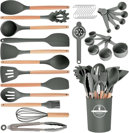 Kitchen Utensils Set - 34 PCS Non-Stick Silicone Cooking Utensils Set Spatula Set with Holder, Wooden Handle Spoon,Brush,Whisk Kitchen Gadgets Tools Set for Nonstick Cookware (Gray-34P) by Stylishkitchenjoyfulmoment