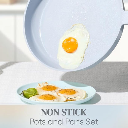 CAROTE Ceramic Cookware Set Nonstick, 14pcs Pots and Pans Set Nonstick, Non-Toxic & PFAS-Free, Dishwasher, RV/Camping Cookware Set, Cooking Pots with Lids, Pastel Blue - Image 3