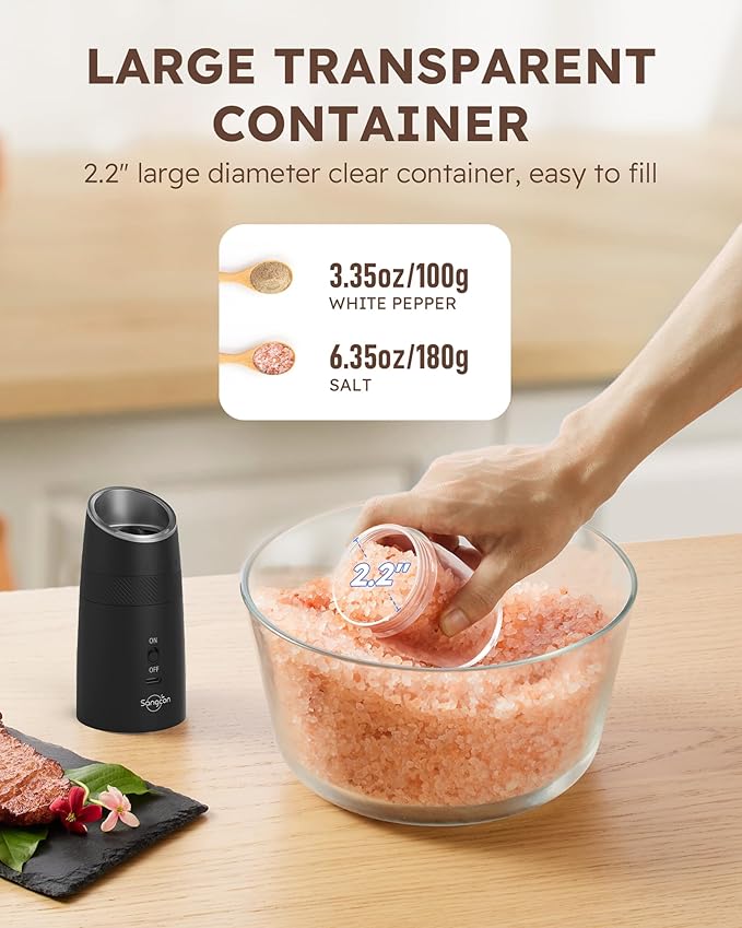 Sangcon Gravity Electric Salt and Pepper Grinder Set RECHARGEABLE Automatic Salt Pepper Shakers USB-C No Battery Needed - LED Light One Hand Operation, External Adjustable Coarseness Pepper Mill - Image 6