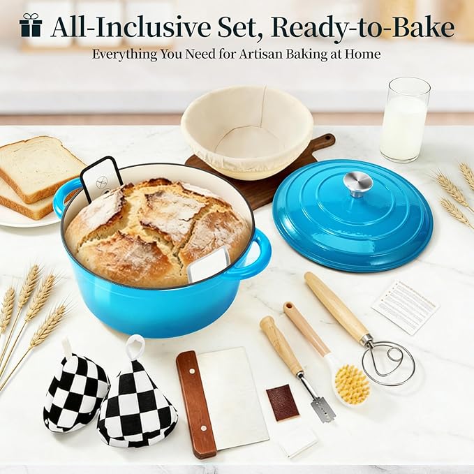 Enameled Cast Iron Dutch Oven with Lid -6.5 QT, incl. Sourdough Bread-Baking Supplies like Banneton Proofing Basket, Heavy Duty Cookware Bread-Oven for Baking, Stews, and Roasting, Sea Blue - Image 2