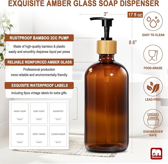 GMISUN Amber Glass Soap Dispenser, 2 Pack Bathroom Hand Soap Dispensers with Bamboo Pump, 17 Fl Oz Kitchen Hand and Dish Soap Dispenser Set, Modern Vintage Liquid Brown Soap Dispensers Bottle - Image 3