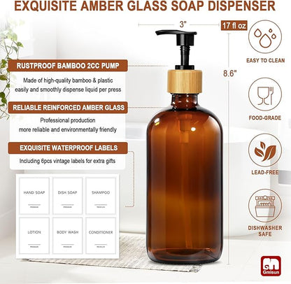 GMISUN Amber Glass Soap Dispenser, 2 Pack Bathroom Hand Soap Dispensers with Bamboo Pump, 17 Fl Oz Kitchen Hand and Dish Soap Dispenser Set, Modern Vintage Liquid Brown Soap Dispensers Bottle - Image 3