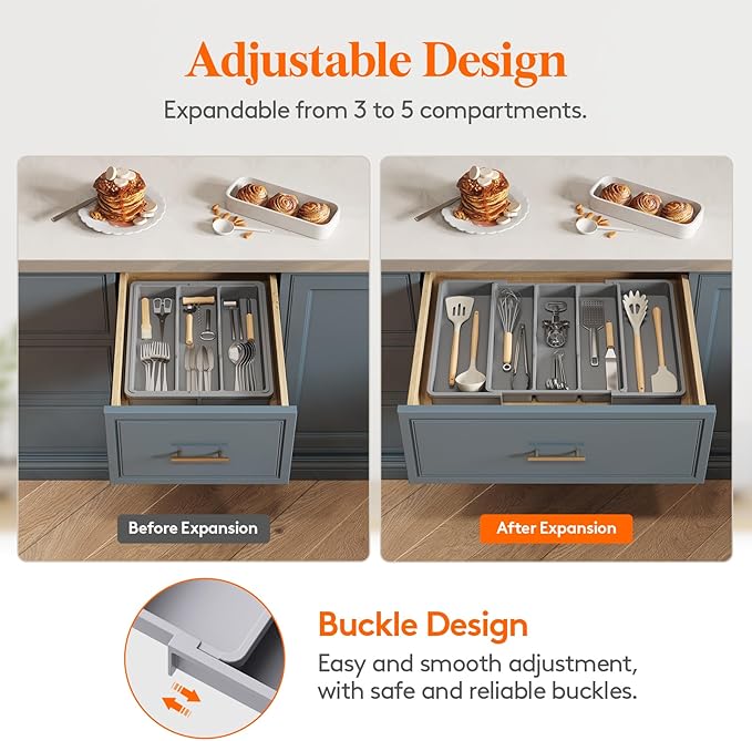 Lifewit Utensil Organizer for Kitchen Drawers, Expandable Cooking Utensil Tray, Adjustable Cutlery Silverware Flatware Holder, Plastic Spatula Tools Storage Divider, 13-22 x 15", Gray - Image 4