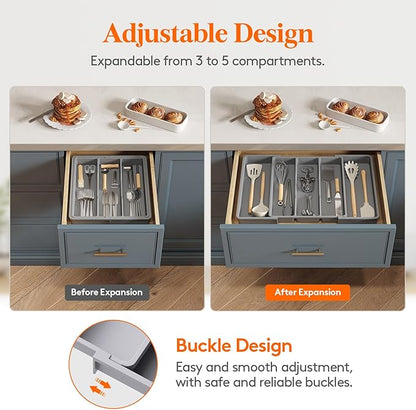 Lifewit Utensil Organizer for Kitchen Drawers, Expandable Cooking Utensil Tray, Adjustable Cutlery Silverware Flatware Holder, Plastic Spatula Tools Storage Divider, 13-22 x 15", Gray - Image 4
