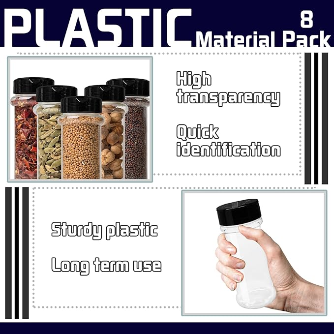 8 Pack 5.5 Oz Plastic Round Spice Bottles with Black Shaker Lids,Reusable Seasoning Containers Jars,Clear Plastic Bottle Containers with Shaker Lids for Powders,Spice,Herbs,Glitters - Image 3