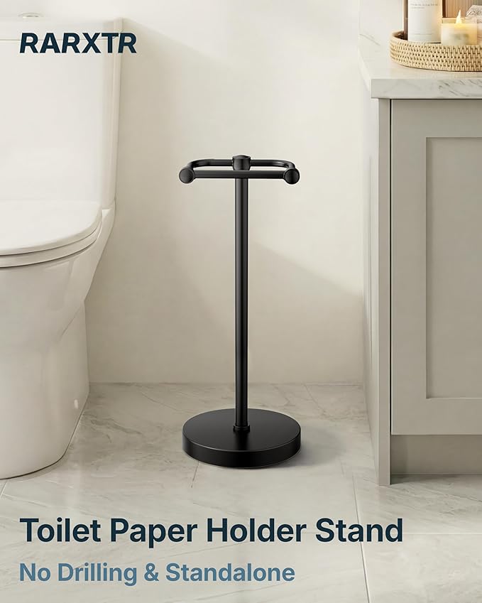RARXTR Toilet Paper Holder Stand, Modern Bathroom Free Standing Toilet Paper Roll Holder, Stainless Steel Tissue Rack, Rust-Proof & Heavy Stable Base (Matte Black)