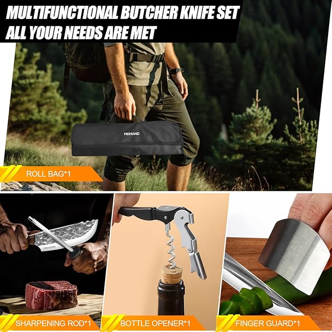 MDHAND Butcher Knife Set, 14PCS Hand Forged Butcher Chef Knife Set with Roll Bag, Heavy Duty Meat Cleaver, Fillet Knives, Meat Cutting Knife for Home Kitchen & Camping BBQ, Gifts for Men Women
