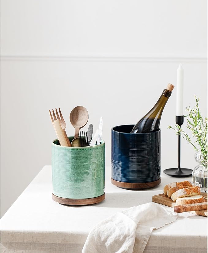 Utensil Holder, 360° Rotating Extra Large Ceramic Kitchen Utensil Holder for Countertop, 7.3“ Cooking Utensil Crocks for Kitchen Counter with Rotatable Wooden Base, Farmhouse Decor, Forest Green - Image 5